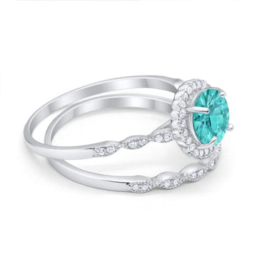 Two Piece Engagement Ring Round Simulated Paraiba Tourmaline CZ 925 Sterling Silver